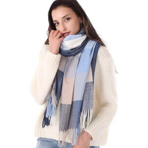 Women Light Blue Grey Winter Warm Shawl Wraps Tartan Blanket Oversized Scarves